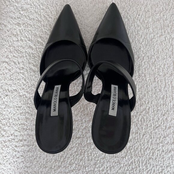 MANOLO BLAHNIK SUSA 105 Black Leather Mules Heels Pumps - Picture 3 of 5